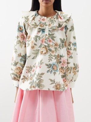 THE MEANING WELL White Josephine floral-print ruffled cotton blouse – ruffle detail blouses – women’s top with oversized collar – feminine collared tops