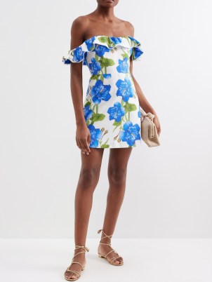BORGO DE NOR White Nalani off-the-shoulder printed cotton mini dress / women’s blue floral bardot dresses / ruffled summer clothes - flipped