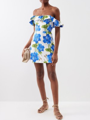 BORGO DE NOR White Nalani off-the-shoulder printed cotton mini dress / women’s blue floral bardot dresses / ruffled summer clothes