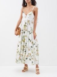 ERDEM White Vacation Azami floral-print linen dress – tiered tie shoulder strap dresses – women’s luxury summer clothing