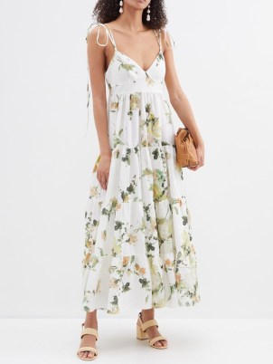 ERDEM White Vacation Azami floral-print linen dress – tiered tie shoulder strap dresses – women’s luxury summer clothing - flipped