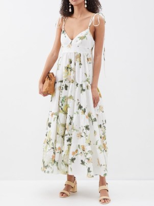 ERDEM White Vacation Azami floral-print linen dress – tiered tie shoulder strap dresses – women’s luxury summer clothing