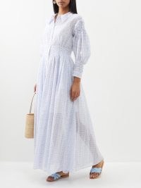 THIERRY COLSON Zoe floral-print cotton-voile maxi shirt dress in white and blue – sheer collared long length dresses