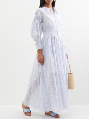 THIERRY COLSON Zoe floral-print cotton-voile maxi shirt dress in white and blue – sheer collared long length dresses - flipped