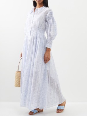 THIERRY COLSON Zoe floral-print cotton-voile maxi shirt dress in white and blue – sheer collared long length dresses