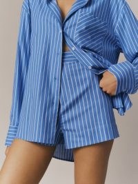 Reformation Willow Short in Tribune Stripe – women’s blue and white striped relaxed fit shorts – womens organic cotton clothes