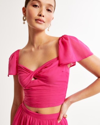 Abercrombie & Fitch Angel Sleeve Twist-Front Set Top in Pink ~ women’s cropped occasion tops ~ A&F Best Dressed Guest Collection