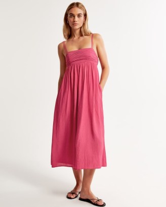 Abercrombie & Fitch Crinkle Textured Maxi Dress in Pink ~ strappy cut out back sundress ~ spaghetti strap sundresses ~ women’s summer dresses with cami straps ~ womens crinkled fabric clothing