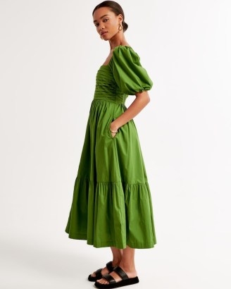 Abercronbie & Fitch Emerson Poplin Puff Sleeve Midi Dress in Green ~ women’s tiered hem dresses ~ womens clothes with puffed sleeves ~ ruched bodice fashion - flipped