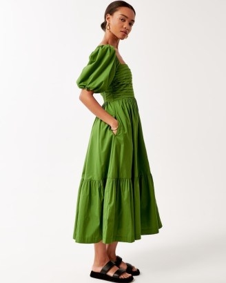 Abercronbie & Fitch Emerson Poplin Puff Sleeve Midi Dress in Green ~ women’s tiered hem dresses ~ womens clothes with puffed sleeves ~ ruched bodice fashion