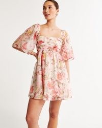 Abercrombie & Fitch Emerson Ruched Angel Sleeve Mini Dress in Pink Floral ~ women’s floaty wide sleeved babydoll style dresses ~ feminine fashion