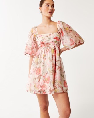 Abercrombie & Fitch Emerson Ruched Angel Sleeve Mini Dress in Pink Floral ~ women’s floaty wide sleeved babydoll style dresses ~ feminine fashion - flipped