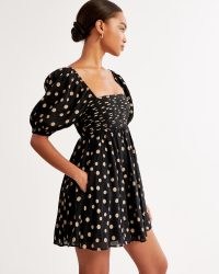Abercrombie & Fitch Emerson Ruched Puff Sleeve Mini Dress Black Polka Dot / women’s puff sleeve spot print dresses / ruched bodice / square neck clothes / womens babydoll style fashion