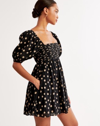 Abercrombie & Fitch Emerson Ruched Puff Sleeve Mini Dress Black Polka Dot / women’s puff sleeve spot print dresses / ruched bodice / square neck clothes / womens babydoll style fashion