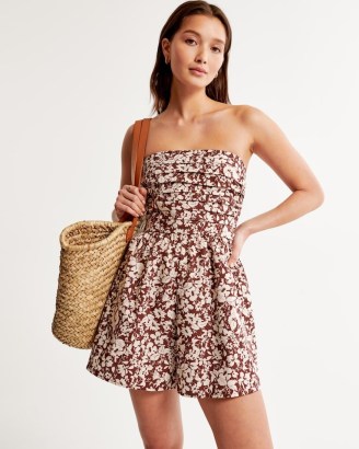 Abercrombie & Fitch Emerson Ruched Strapless Romper in Brown Floral ~ women’s strapless rompers ~ womens bandeau playsuits ~ summer playsuit ~ holiday clothes