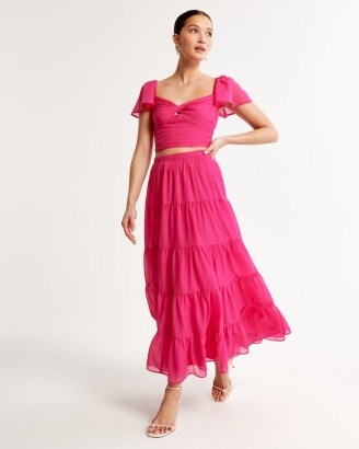 Abercrombie & Fitch Flowy Tiered Maxi Skirt in Pink ~ women’s long length occasion skirts ~ A&F Best Dressed Guest Collection - flipped