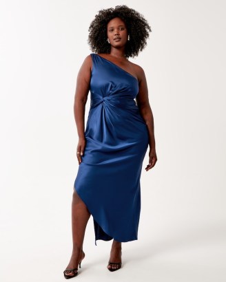 Abercrombie & Fitch One-Shoulder Satin Knotted Midi Dress in Blue | silky asymmetric party dresses | women’s glamorous occasion clothes - flipped
