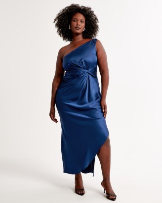 Abercrombie & Fitch One-Shoulder Satin Knotted Midi Dress in Blue | silky asymmetric party dresses | women’s glamorous occasion clothes