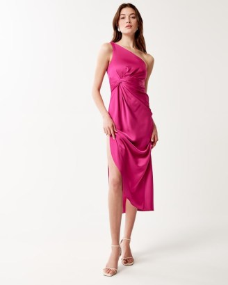 Abercrombie & Fitch One-Shoulder Satin Knotted Midi Dress in Pink ~ knot detail evening dresses ~ fluid fabric occasion fashion ~ asymmetrical neckline - flipped
