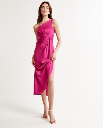 Abercrombie & Fitch One-Shoulder Satin Knotted Midi Dress in Pink ~ knot detail evening dresses ~ fluid fabric occasion fashion ~ asymmetrical neckline