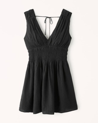 Abercrombie & Fitch Smocked Plunge Crinkle Mini Dress in Black | sleeveless crinkled dresses | plunging neckline summer fashion - flipped