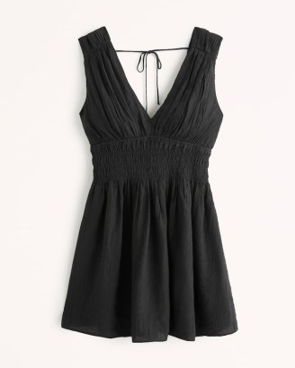 Abercrombie & Fitch Smocked Plunge Crinkle Mini Dress in Black | sleeveless crinkled dresses | plunging neckline summer fashion