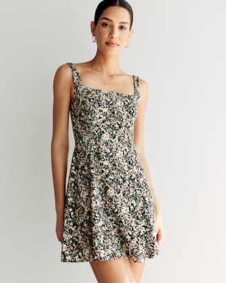 Abercrombie & Fitch Squareneck Mini Dress Black Floral / women’s sleeveless fit and flare dresses - flipped