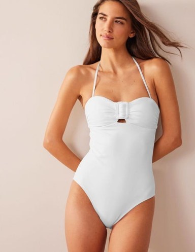 BODEN Wrap Buckle Bandeau Swimsuit in White – removable halterneck strap swimsuits – women’s strapless swimwear – cut out details – poolside chic - flipped
