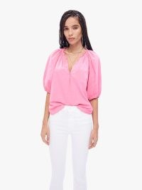 XiRENA Jules Top in Rose Mallow | women’s pink balloon sleeve tops | boho blouses | cotton ruffled collar bohemian blouse | curved hem