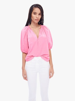 XiRENA Jules Top in Rose Mallow | women’s pink balloon sleeve tops | boho blouses | cotton ruffled collar bohemian blouse | curved hem - flipped