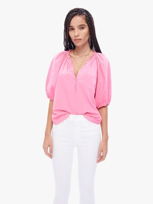 XiRENA Jules Top in Rose Mallow | women’s pink balloon sleeve tops | boho blouses | cotton ruffled collar bohemian blouse | curved hem