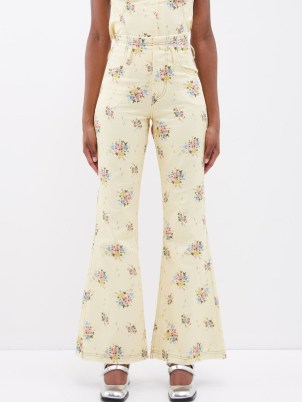 YUHAN WANG Yellow Floral-print topstitched denim trousers ~ women’s flower print flares ~ womens flared jeans
