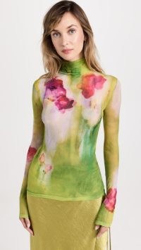 Acne Studios Long Sleeve Floral T-Shirt in Green – sheer turtleneck tops