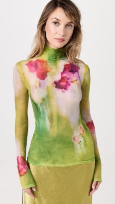 Acne Studios Long Sleeve Floral T-Shirt in Green – sheer turtleneck tops - flipped