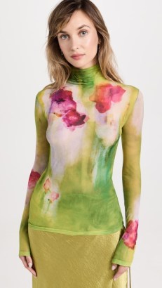 Acne Studios Long Sleeve Floral T-Shirt in Green – sheer turtleneck tops