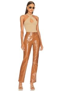 AFRM Heston Straight Leg Trouser in Camel ~ women’s light brown patent faux leather trousers ~ shiny pants
