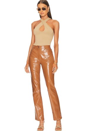 AFRM Heston Straight Leg Trouser in Camel ~ women’s light brown patent faux leather trousers ~ shiny pants - flipped