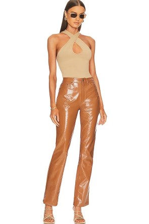 AFRM Heston Straight Leg Trouser in Camel ~ women’s light brown patent faux leather trousers ~ shiny pants