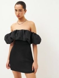 Reformation Alber Satin Dress in Black ~ chic LBD ~ off the shoulder mini dresses ~ fitted evening occasion clothes ~ bardot party fashion