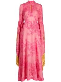 ALEMAIS Leonard fringed gown dress rose pink ~ floral empire waist boho gowns ~ bohemian occasion clothes ~ wide hanging fringe trim sleeves ~ mock high neck ~ front cut out detail