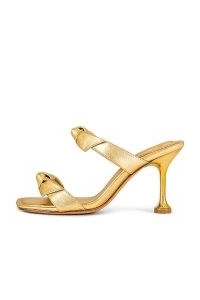 Alexandre Birman Clarita Square Flare 85 in Oro / gold leather square toe mule sandal / metallic knotted double strap mules / summer occasion knot detail mules