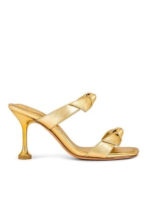 Alexandre Birman Clarita Square Flare 85 in Oro / gold leather square toe mule sandal / metallic knotted double strap mules / summer occasion knot detail mules - flipped