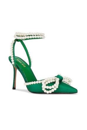Alias Mae Bowie Heel in Emerald Pearl ~ glamorous green ankle strap pumps ~ evening shoes embellished with faux pearls - flipped