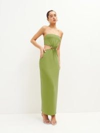 Reformation Amaia Knit Dress Avocado ~ green strapless cut out maxi dresses ~ front ruching with silver hardware detail ~ open back evening fashion ~ bandeau neckline occasion clothes