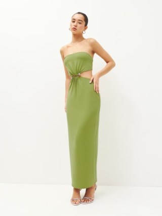 Reformation Amaia Knit Dress Avocado ~ green strapless cut out maxi dresses ~ front ruching with silver hardware detail ~ open back evening fashion ~ bandeau neckline occasion clothes - flipped