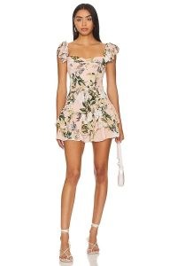Amanda Uprichard Mackey Romper in Juniper Floral / womens flutter sleeve evening rompers / ruffled fitted bodice playsuit / women’s going out occasion playsuits