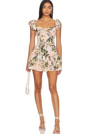 Amanda Uprichard Mackey Romper in Juniper Floral / womens flutter sleeve evening rompers / ruffled fitted bodice playsuit / women’s going out occasion playsuits - flipped