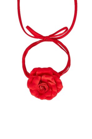 Amanda Uprichard X Revolve Mandy Rose Choker in Red / floral chokers / flower themed accessories / sateen rosette with matte satin rope - flipped