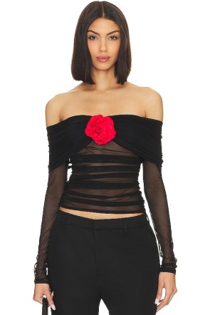 Amanda Uprichard X Revolve Nellia Blouse in Black With Red Rose – semi sheer floral detail bardot tops – off the shoulder evening fashion – glamorous going out clothes - flipped