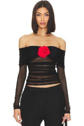 Amanda Uprichard X Revolve Nellia Blouse in Black With Red Rose – semi sheer floral detail bardot tops – off the shoulder evening fashion – glamorous going out clothes